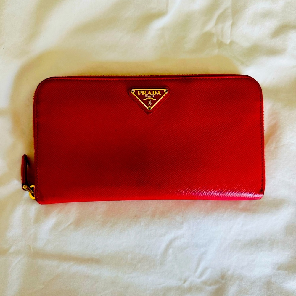 Authentic red Prada zip around wallet